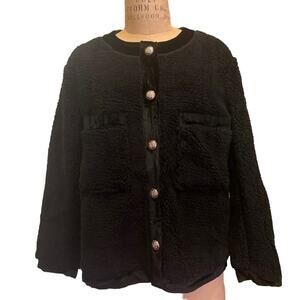 Women’s Black Fuzzy Faux Fur Velvet Trim Button Down Cardigan Sweater Size L